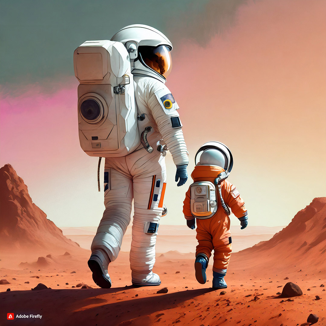 Artist's impression of astronaut and child walking on Mars.